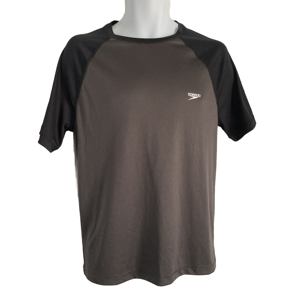 SPEEDO UV Block the Burn Swim Shirt Mens Size S Grey Black Short Sleeves